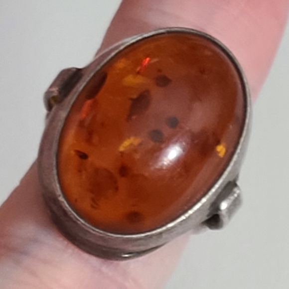 Vintage 925 European Amber Ring Sz 5.25 Poland Sterling Silver Huge Stone - Picture 12 of 14